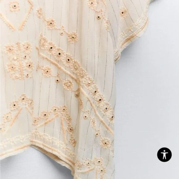 Cream Zara Bead Embellished Embroidered Striped Metallic Thread Blouse Top (NWT) - Picture 4 of 7